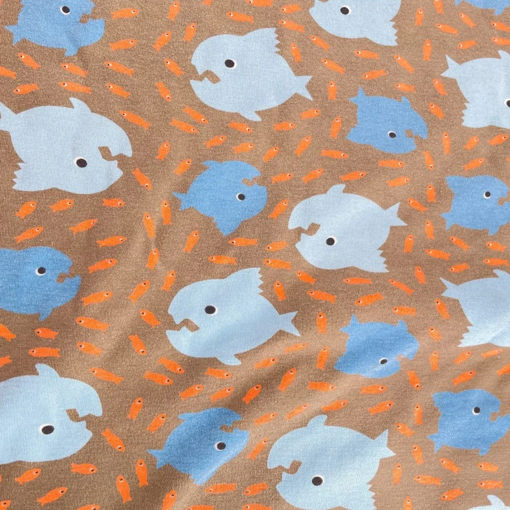 Gymboree Vintage Reversible Baby Blanket Fish Piranha Feed Me Blue Brown Cotton